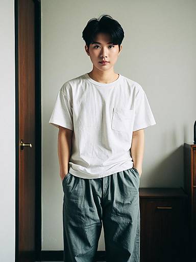 Asian Man in White T-Shirt and Gray Pants Indoors