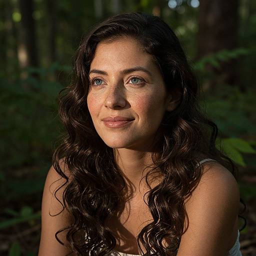 Photograph of a smiling woman with long, wavy black hair, light brown skin, and blue eyes, standing in a sunlit forest. She