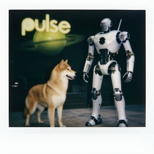 Photograph of a robotic humanoid and a fluffy, tan-colored dog standing side by side on a stage with 