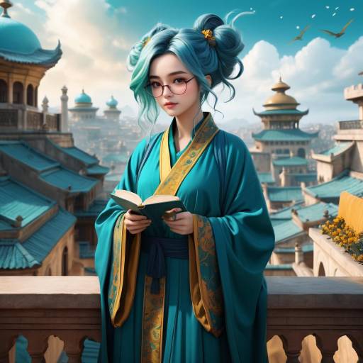 Fantasy Scholar with Teal Hair in Terrace Fantasy Scholar with Teal Hair in Terrace