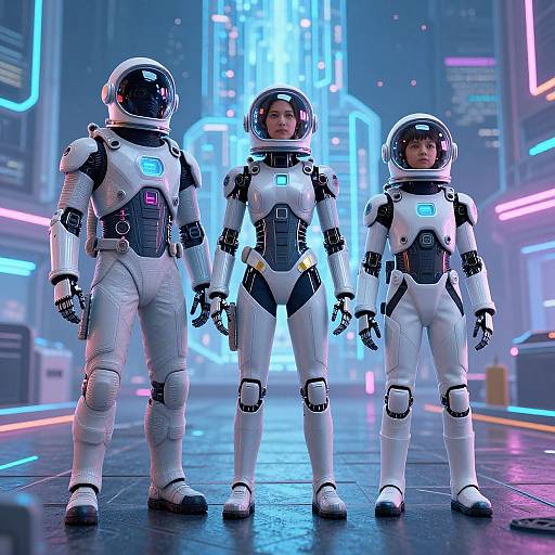 Photorealistic CGI image of three female astronauts in white, high-tech space suits standing in a neon-lit futuristic corridor.