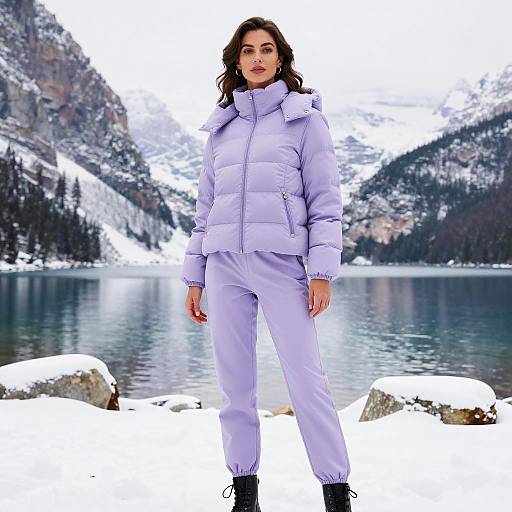 Woman in Lavender Winter Outfit by Snowy Lake