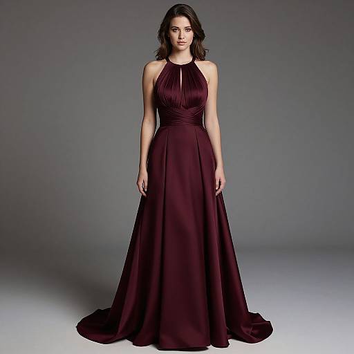 Photograph of a brunette woman in a sleeveless, deep burgundy, floor-length gown with a pleated bodice, standing against a gradient gray