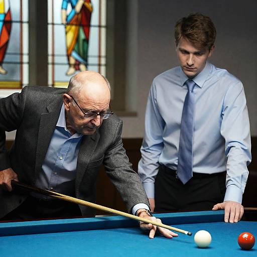 Men Playing Pool in a Stained Glass Room