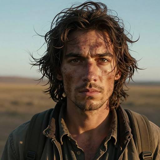 Photograph of a rugged, dirty-haired, bearded man with blood on his face, wearing a dark shirt, against a blurred desert background.
