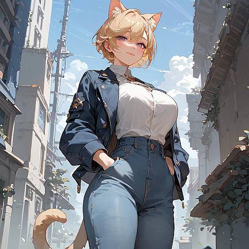 Digital anime-style drawing of a blonde cat-girl with blue eyes, wearing a white blouse, blue jeans, and a black jacket, standing confidently in a