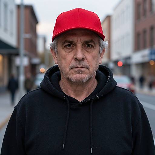 Middle-aged man with gray hair, beard, and intense expression, wearing a bright red cap and black hoodie, standing on a city street. Photograph.