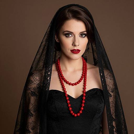 Photograph of a pale-skinned woman with dark brown hair, red lips, black lace veil, and red bead necklace, wearing a black strapless