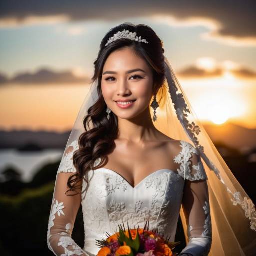 Smiling bride in white wedding dress at sunset