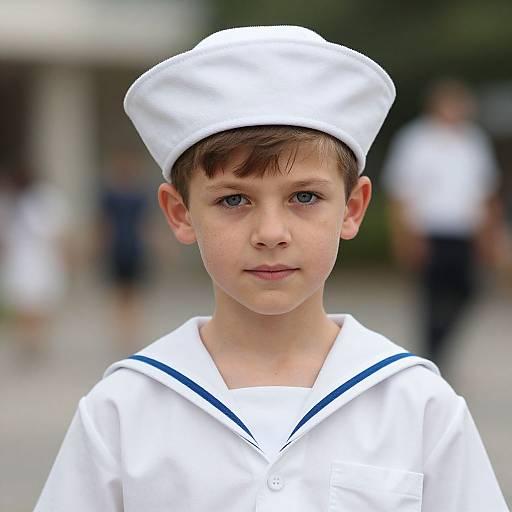 Photograph of a young boy with blue eyes, wearing a white sailor hat and shirt, standing outdoors with a blurred background.