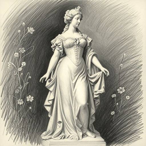Black and white sketch of a regal woman in an elaborate, frilled, 18th-century gown, adorned with a tiara, standing gracefully