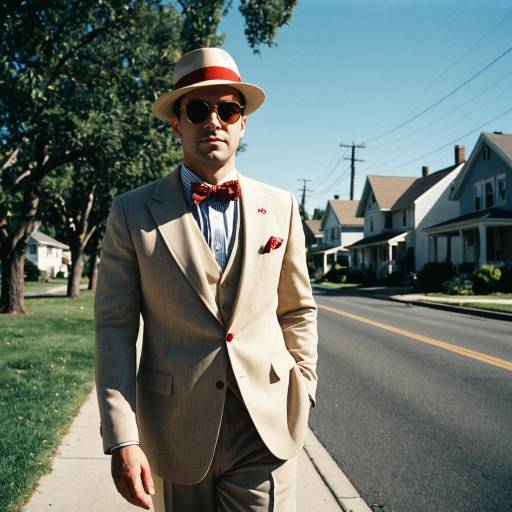 Man in Beige Vintage Three-Piece Suit on Suburban Street