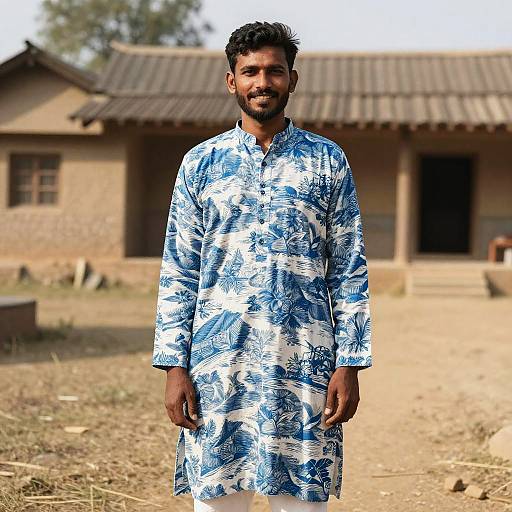Vibrant Pathani Suit in Village Scene