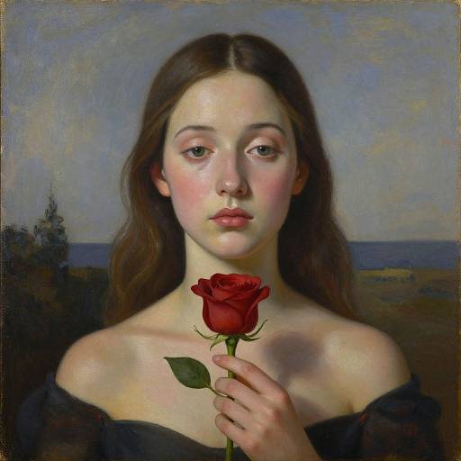 Digital painting of a young woman with fair skin, brown hair, and pink cheeks, holding a red rose in front of her bare shoulders, against a