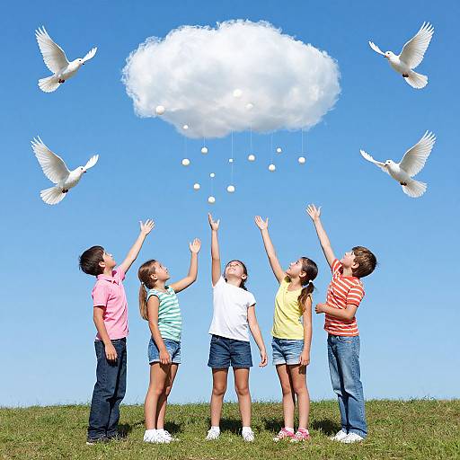 Photograph of five children standing on grass, reaching up at a white cloud with white birds flying above against a blue sky.