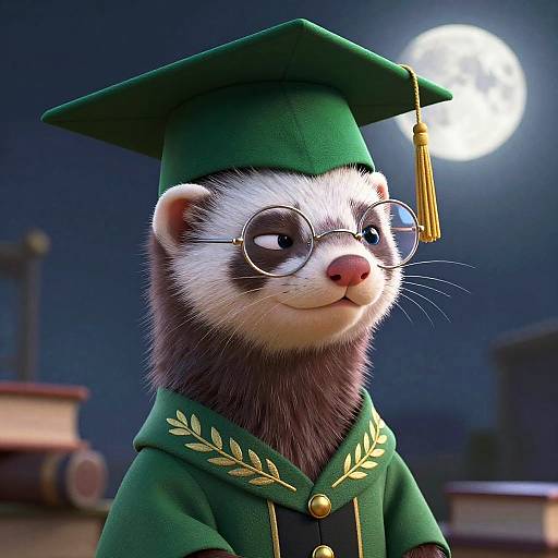 Scholarly Ferret in Emerald Academic Attire