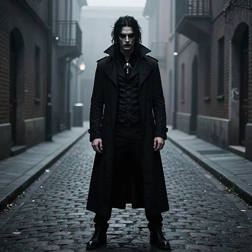 Gothic Man in Misty Alleyway