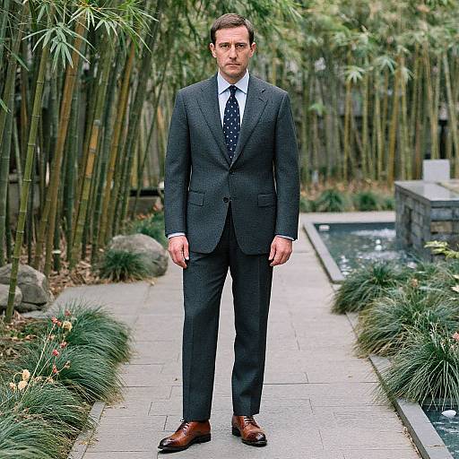 Photograph of a handsome man in a dark gray suit, white shirt, blue polka dot tie, brown shoes, standing in a bamboo garden path