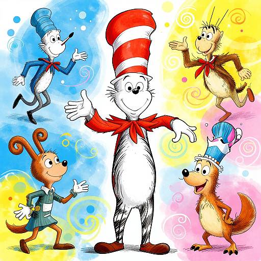 Colorful cartoon illustration featuring five whimsical animal characters: white cat with red hat and scarf, blue bird in top hat, brown mouse, blue mouse