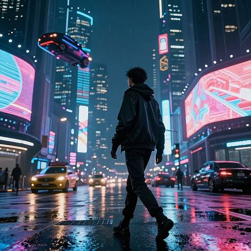 Cyberpunk cityscape at night: silhouetted figure in hooded jacket walks on wet, reflective street, surrounded by neon-lit skys