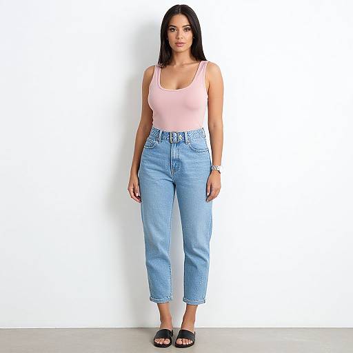 Photograph of a straight-haired woman with medium skin tone, wearing a pink tank top, high-waisted blue jeans, and black sandals, standing