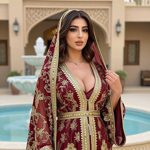 Photorealistic digital image of a beautiful woman with medium skin tone, dark wavy hair, wearing a deep red, gold-embroidered,