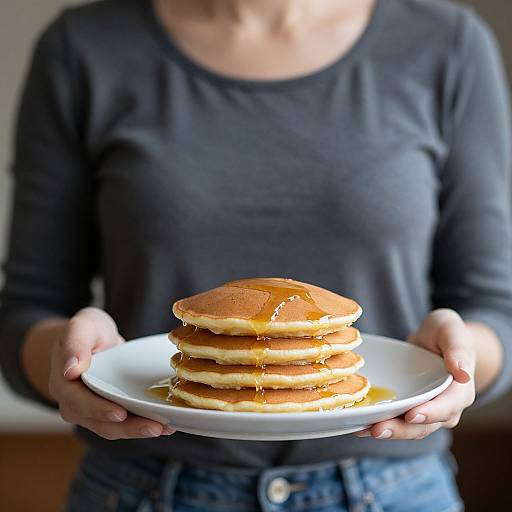Photograph of a person in a black long-sleeve shirt holding a white plate with three golden-brown pancakes dripping with syrup.