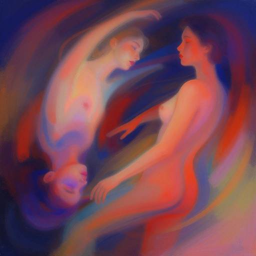 Abstract digital painting of two nude women with glowing, ethereal forms, intertwined in swirling, vibrant red, blue, and purple hues.