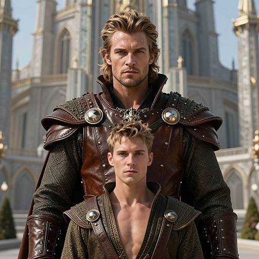 Photograph of two muscular, blonde men in medieval fantasy armor with ornate details, standing in front of a grand, gothic-style castle. The