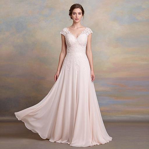 Photograph of a young woman in a white lace wedding dress with short sleeves, standing against a colorful, abstract background.