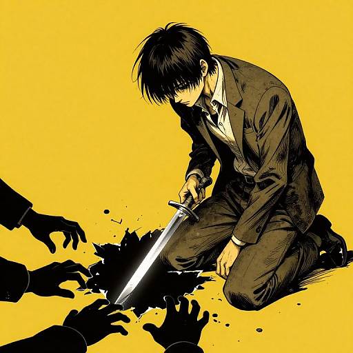 Anime-style digital drawing of a young man in a black suit, kneeling, holding a sword over black, splattered shadows on a yellow background. Int