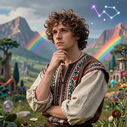 Avant-Garde Playwright in Neon Landscape