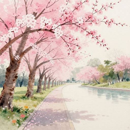Watercolor Cherry Blossoms in Park