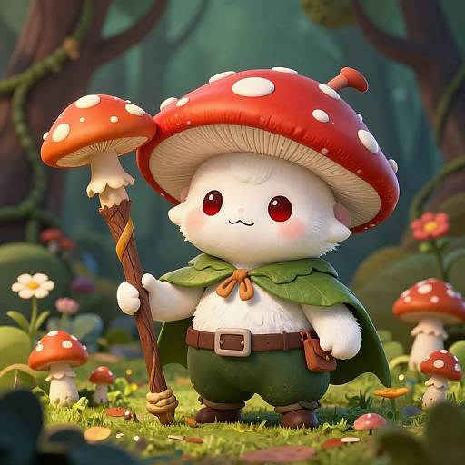 Adorable chibi mushroom creature with red cap, white face, green cloak, and staff, standing in a whimsical forest with giant mushrooms. Digital