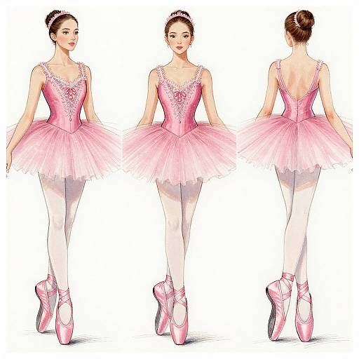 Digital illustration of a ballerina in a pink tutu and corset, white tights, and pink ballet shoes, shown from front, side