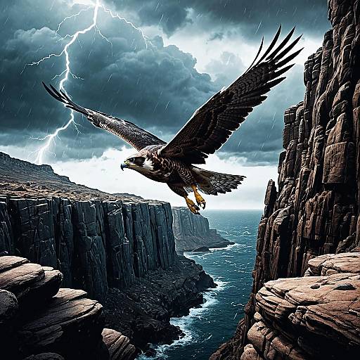 Falcon Diving Through Rocky Cliffs in Storm