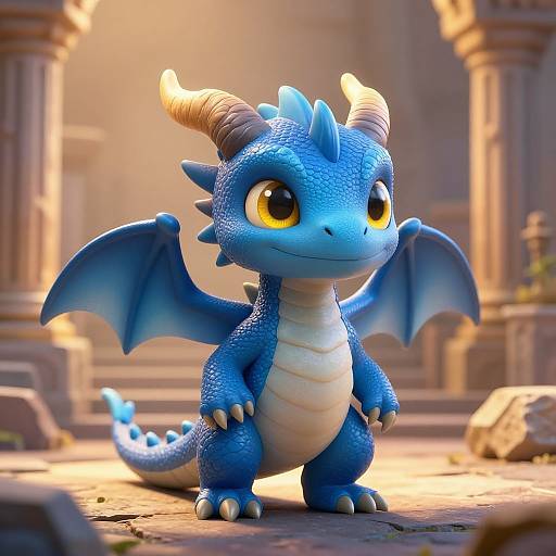 Cute Blue Baby Dragon on Stone Ruins