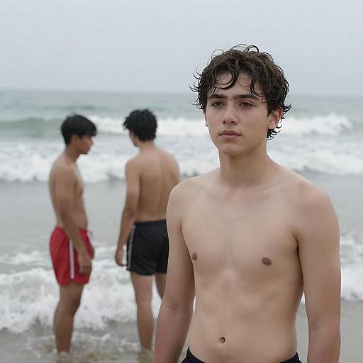Three Young Men Enjoying Beach Waves