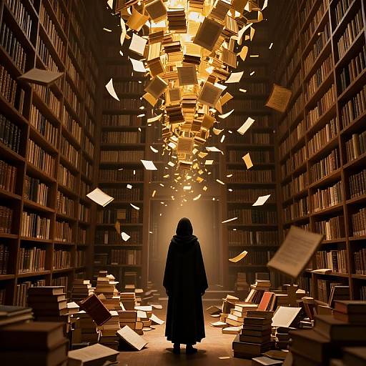 Photograph of a silhouette figure in a long coat, standing in a dimly lit, vast library with golden floating books.