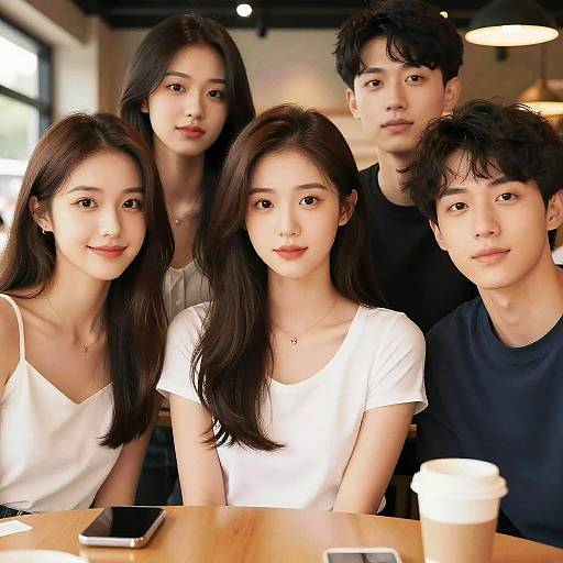 Photograph of four young Asian adults, three women and one man, with long black hair, wearing casual clothes, sitting at a wooden table in a