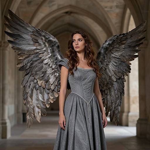 Photograph of a brunette woman with large, dark gray feathered wings, wearing a gray, Victorian-style dress, standing in a stone arched hallway