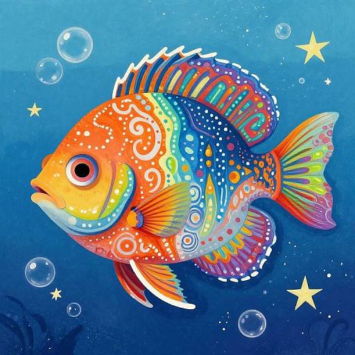 Vibrant digital illustration of a colorful, patterned fish with orange, blue, and yellow scales, surrounded by bubbles and stars in a blue underwater