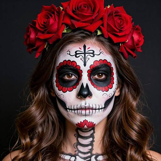 Woman with Sugar Skull Makeup and Red Rose Crown