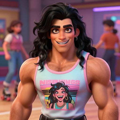 Muscular, dark-haired man with long locks, smiling, wearing 