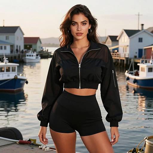 Sporty Chic Woman in Fishing Village