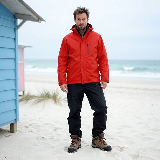 Photograph of a bearded man in a bright red jacket, black pants, and brown boots, standing on a beach beside a blue wooden shed.