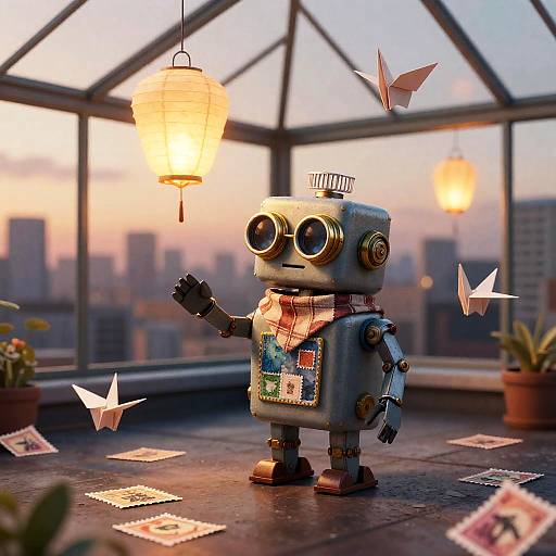 Steam-Powered Robot in Twilight Greenhouse