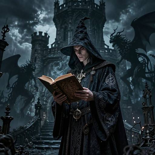 Mysterious wizard in dark, ornate robes reads an ancient book under a stormy sky, with a dragon and gothic castle in the background.