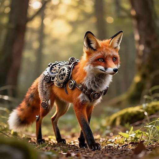 Photograph of a red fox in a forest, wearing ornate, silver, patterned harness with circular decorations, standing on a sunlit path.