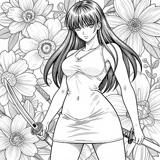 Katana Girl in Floral Line Art